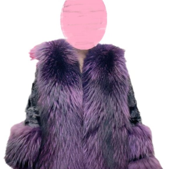Jackets & Blazers - Genuine Sectioned Black Mink Fur Jacket Coat Purple Raccoon Collar Cuffs No Fox